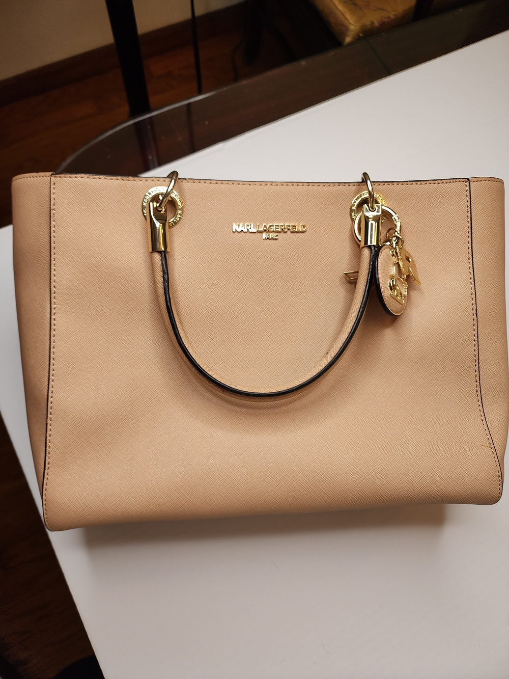 Karl Lagerfeld Beige Tote Bag with Gold Hardware